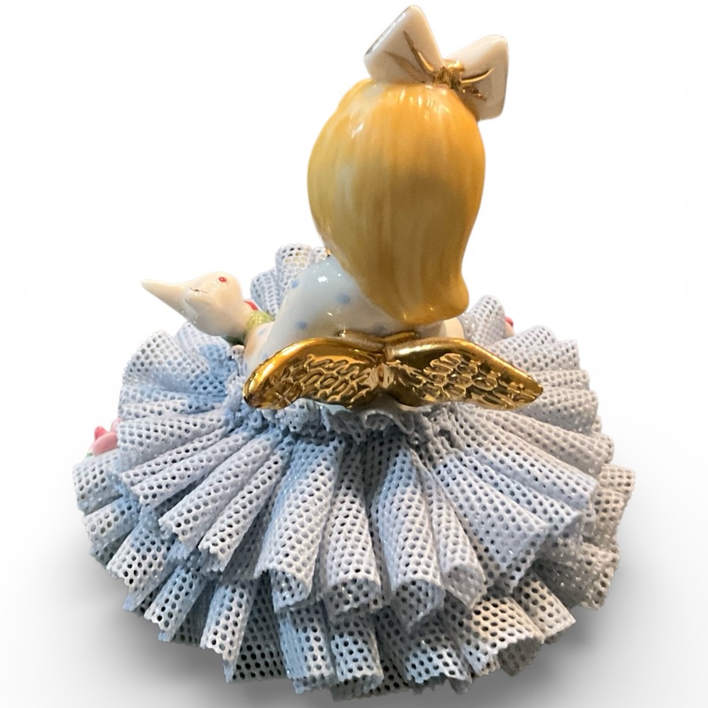 Irish Dresden Angel Doll Blue Lace Figurine Girl Bunny Vintage Porcelain Lace - Picture 5 of 15